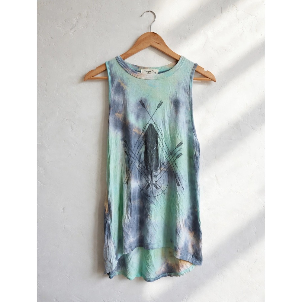 Ginger G Women Tie‎ Dye Graphic Muscle Tank Top Mint Blue Feather Arrows Medium